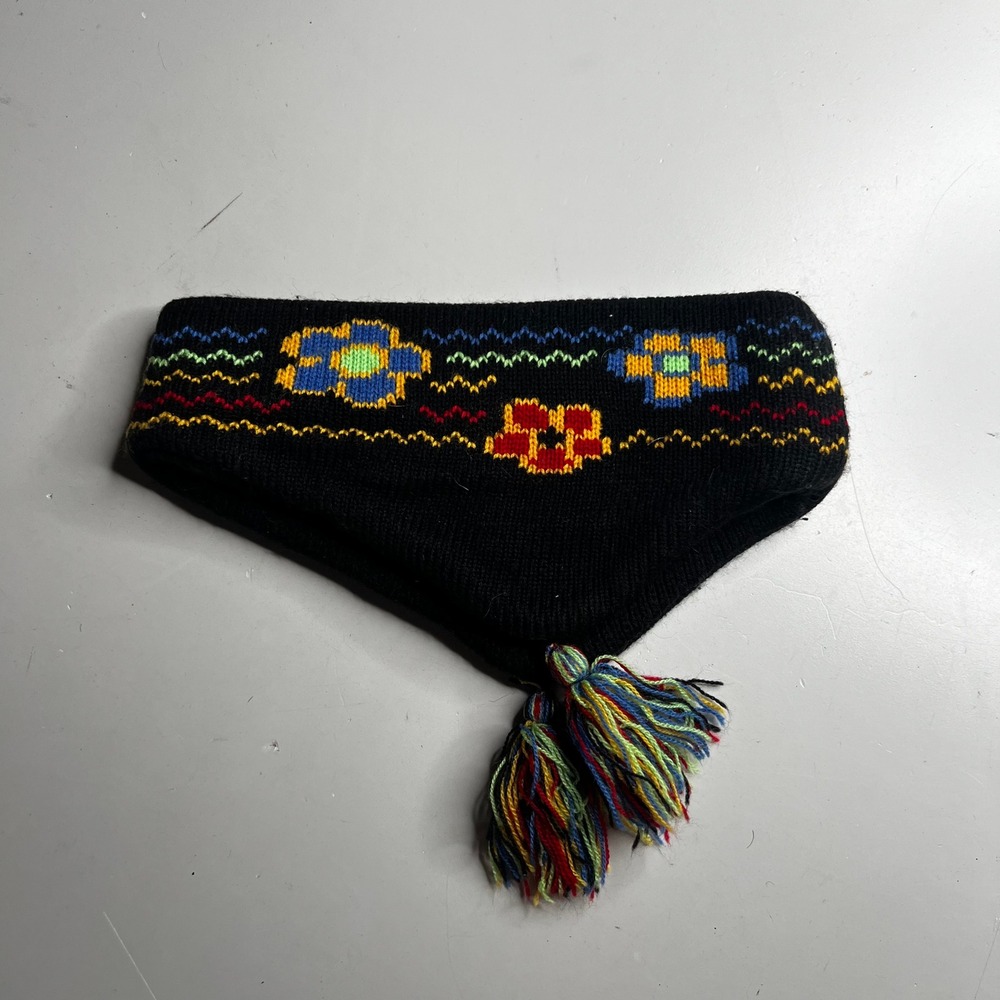 Vintage Black Knit Floral Ear Warmer Headband with Tassels Girls Size 7-14